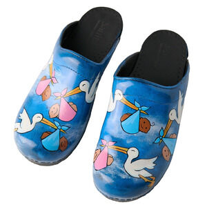 Sanita Blue Leather Clogs with Stork & Baby Print